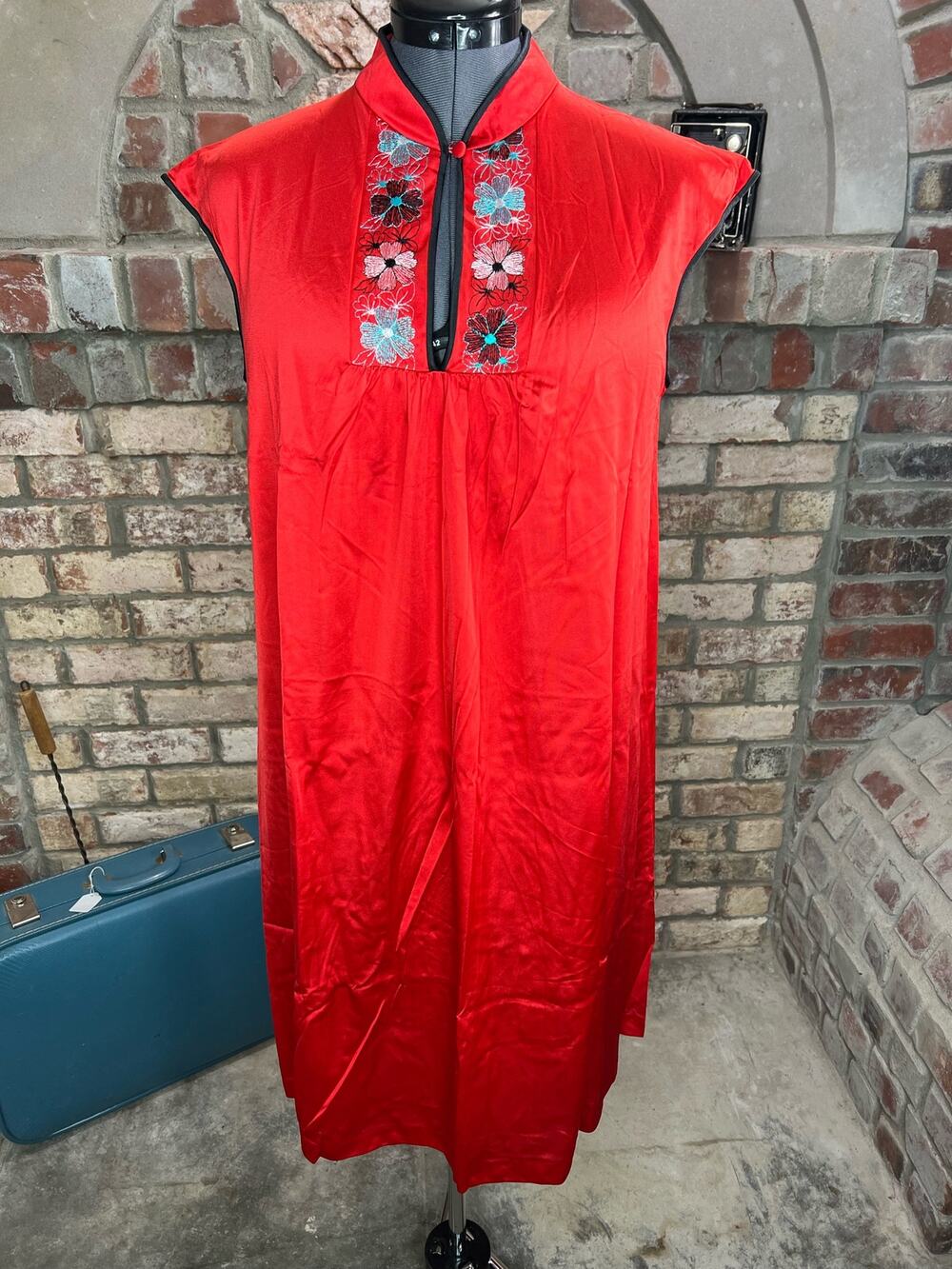 nightgown red satin embroidered flowers mandarin collar knee length